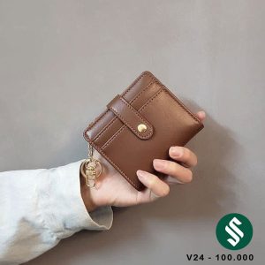 Ví da trơn cúc bấm móc treo màu nâu
