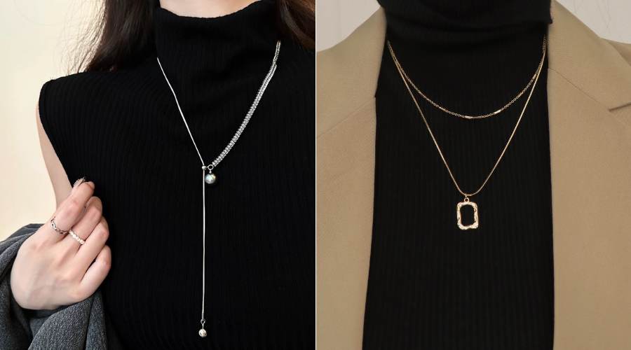 áo cổ cao mix với dây chuyền dài