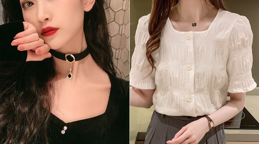áo cổ vuông và dây chuyền chocker, dây chuyền mảnh