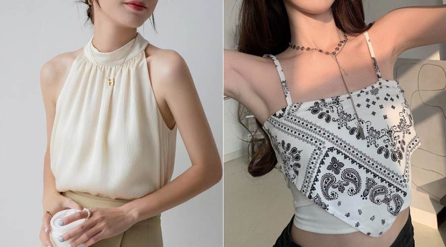 cổ áo yếm và dây chuyền phù hợp